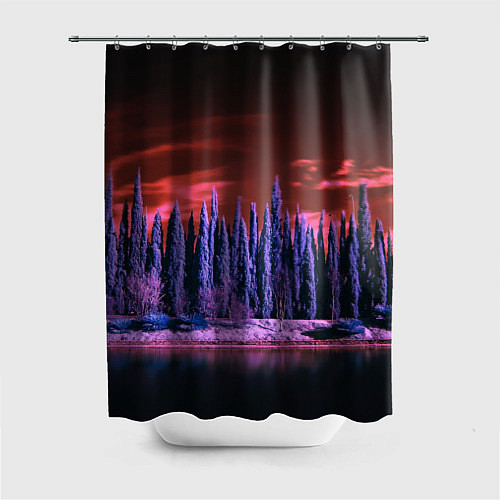 Шторка для ванной Абстрактный фиолетовый лес и тёмная река / 3D-принт – фото 1