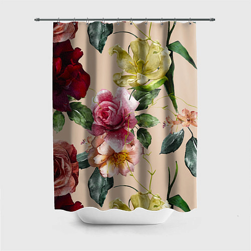 Шторка для ванной Цветы Нарисованные Красные Розы и Лилии / 3D-принт – фото 1