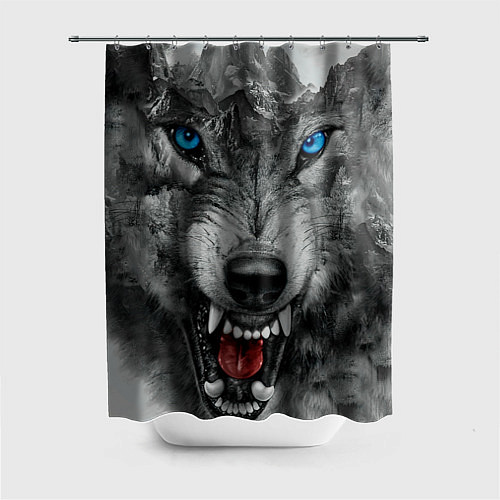 Шторка для ванной Агрессивный волк с синими глазами / 3D-принт – фото 1