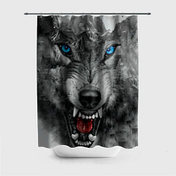 Шторка для ванной Агрессивный волк с синими глазами