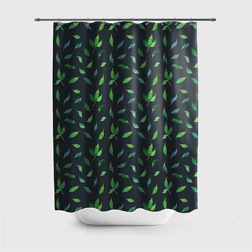 Шторка для ванной Зеленые листья и веточки на темном фоне / 3D-принт – фото 1