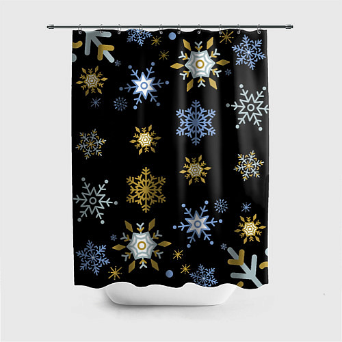 Шторка для ванной Новый год снежинки на чёрном фоне / 3D-принт – фото 1