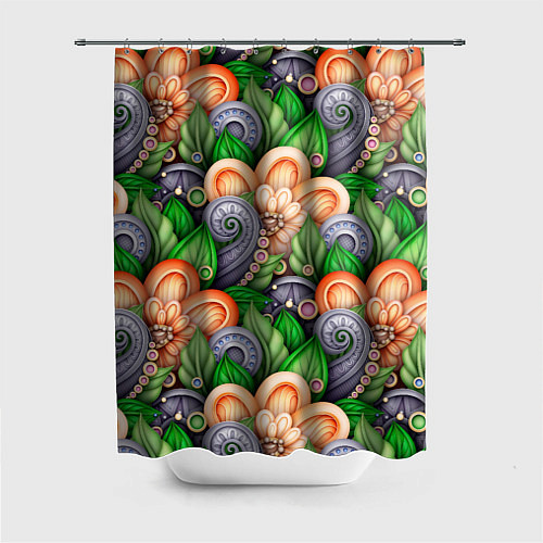 Шторка для ванной Объемные лепестки цветов и листья / 3D-принт – фото 1