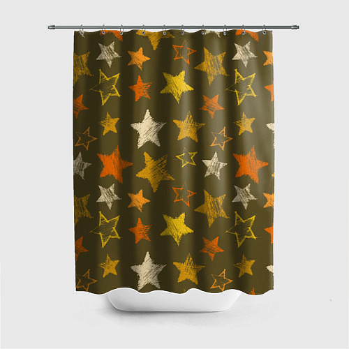 Шторка для ванной Желто-оранжевые звезды на зелнгом фоне / 3D-принт – фото 1