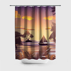 Шторка для душа Лодка в море на закате возле тропических островов, цвет: 3D-принт