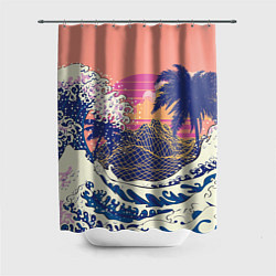 Шторка для ванной Ретро дизайн большие волны, пальмы и абстрактные г