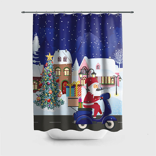 Шторка для ванной Дед Мороз едет на скутере с подарками в Новогоднюю / 3D-принт – фото 1