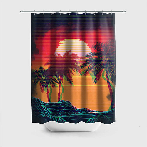 Шторка для ванной Пальмы и пляж на закате с помехами VHS ретро дизай / 3D-принт – фото 1