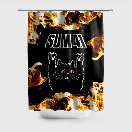 Шторка для ванной Sum41 рок кот и огонь / 3D-принт – фото 1