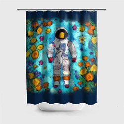 Шторка для душа Космонавт в реке и желтые цветы, цвет: 3D-принт