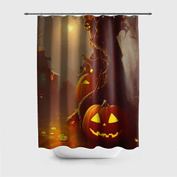 Шторка для душа Жуткое дерево и улыбающаяся тыква на Хэллоуин, цвет: 3D-принт