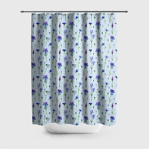 Шторка для ванной Синие и фиолетовые цветы на голубой клетке / 3D-принт – фото 1
