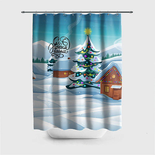 Шторка для ванной Новогодние избушки / 3D-принт – фото 1