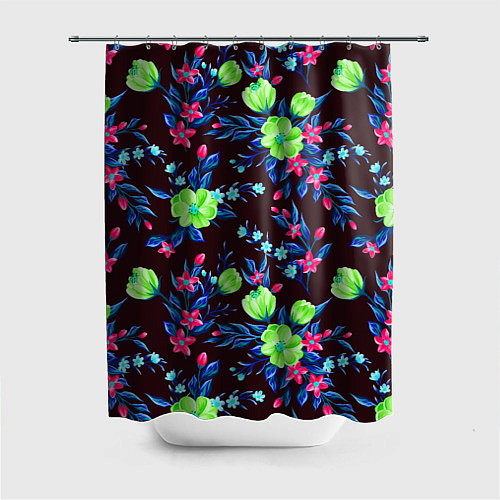 Шторка для ванной Неоновые цветы - паттерн / 3D-принт – фото 1