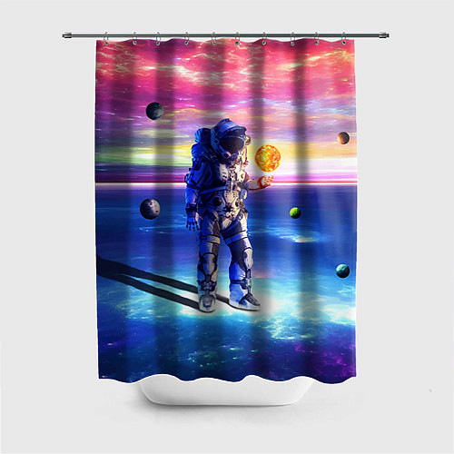 Шторка для ванной Космонавт среди планет в виртуальной вселенной / 3D-принт – фото 1