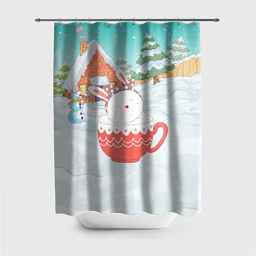 Шторка для ванной Новогодний зайка сидит в кружке / 3D-принт – фото 1