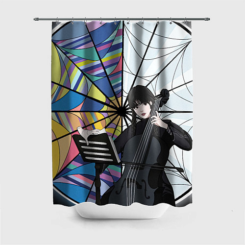 Шторка для ванной Уэнсдэй играет на виолончели на фоне окна / 3D-принт – фото 1