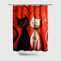 Шторка для душа Влюблённые кошки на красном фоне, цвет: 3D-принт