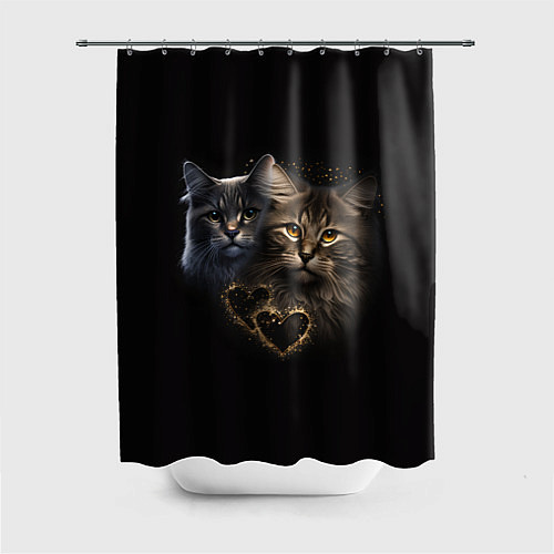 Шторка для ванной Влюбленные кот и кошка с сердечками / 3D-принт – фото 1