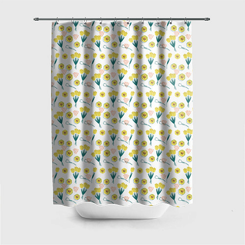 Шторка для ванной Желтые тюльпаны на белом фоне / 3D-принт – фото 1