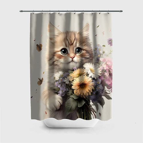 Шторка для ванной Котенок с полевыми цветами / 3D-принт – фото 1