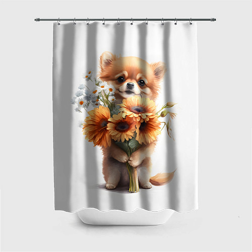 Шторка для ванной Милый щенок с подсолнухами и ромашками / 3D-принт – фото 1