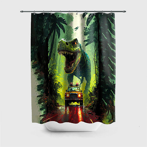 Шторка для ванной Динозавр в погоне за машиной в джунглях / 3D-принт – фото 1
