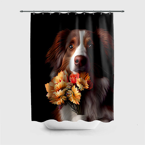Шторка для ванной Пёс держит букет цветов / 3D-принт – фото 1