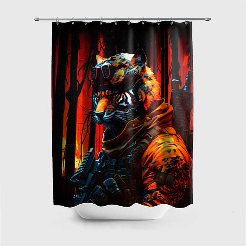 Шторка для ванной Огненный тигр воин спецназа / 3D-принт – фото 1