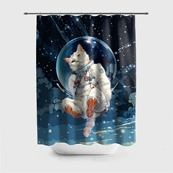 Шторка для душа Белый кот космонавт в невесомости, цвет: 3D-принт