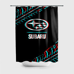 Шторка для душа Значок Subaru в стиле glitch на темном фоне, цвет: 3D-принт