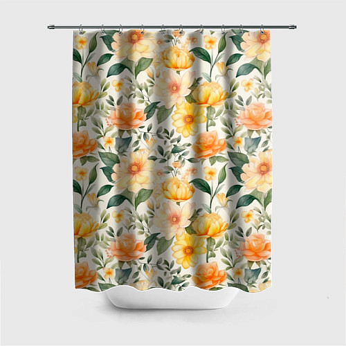 Шторка для ванной Желтые и розовые хризантемы и пионы на светлом фон / 3D-принт – фото 1
