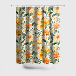 Шторка для ванной Желтые и розовые хризантемы и пионы на светлом фон
