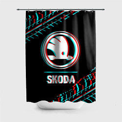Шторка для душа Значок Skoda в стиле glitch на темном фоне, цвет: 3D-принт