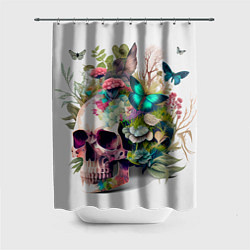 Шторка для душа Красивый череп с листьями и бабочками, цвет: 3D-принт