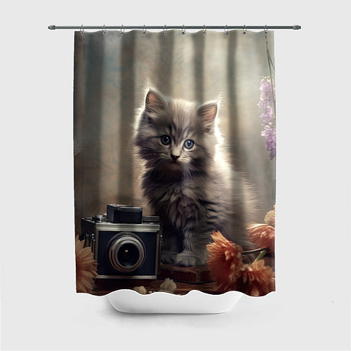 Шторка для ванной Серый котенок, винтажное фото / 3D-принт – фото 1