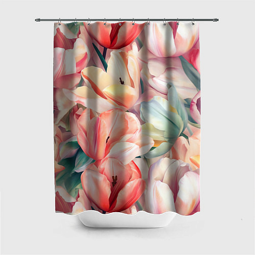 Шторка для ванной Разноцветные пастельные тюльпаны - паттерн / 3D-принт – фото 1