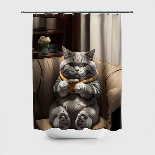 Шторка для ванной Кот сидит на диване с напитком / 3D-принт – фото 1