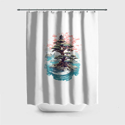 Шторка для ванной Японское дерево и пагода в море