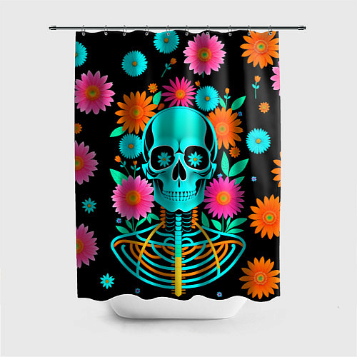 Шторка для ванной Неоновый скелет в цветах / 3D-принт – фото 1