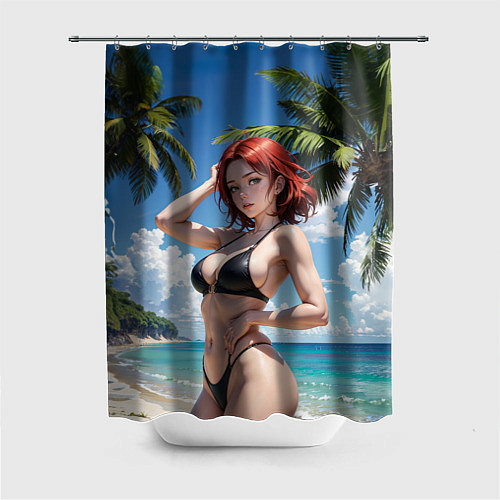 Шторка для ванной Девушка с рыжими волосами на пляже / 3D-принт – фото 1