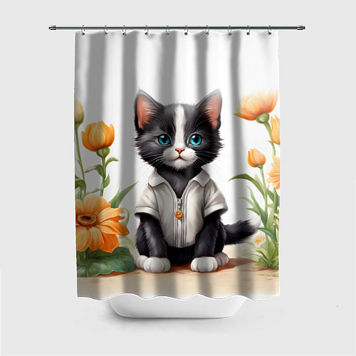 Шторка для ванной Котенок на цветочной поляне / 3D-принт – фото 1