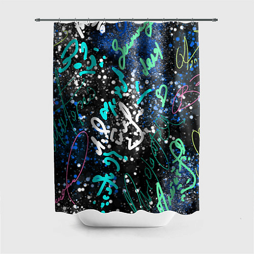 Шторка для ванной Цветные росписи на чёрнам / 3D-принт – фото 1