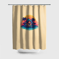 Шторка для душа Дом и пальмы на фоне заката, цвет: 3D-принт