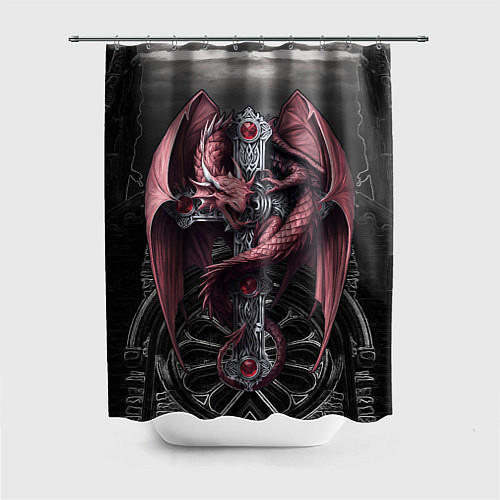Шторка для ванной Красный кельтский дракон на готическом кресте / 3D-принт – фото 1