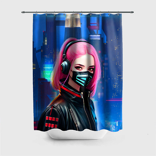Шторка для ванной Девушка с розовыми волосами - киберпанк / 3D-принт – фото 1