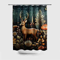 Шторка для душа Лесной олень в стиле фолк-арт, цвет: 3D-принт