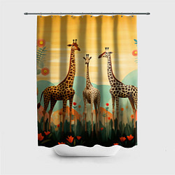 Шторка для душа Три жирафа в стиле фолк-арт, цвет: 3D-принт