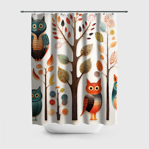 Шторка для ванной Совы в осеннем лесу в стиле фолк-арт / 3D-принт – фото 1