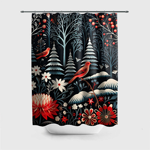 Шторка для ванной Новогодний лес и птицы / 3D-принт – фото 1